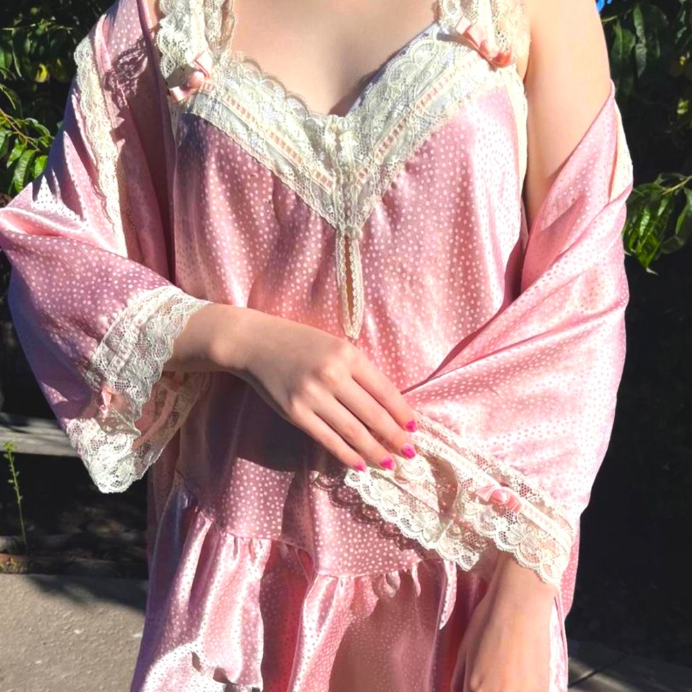 vintage Christian Dior dotted satin & lace dress + robe 🪷
